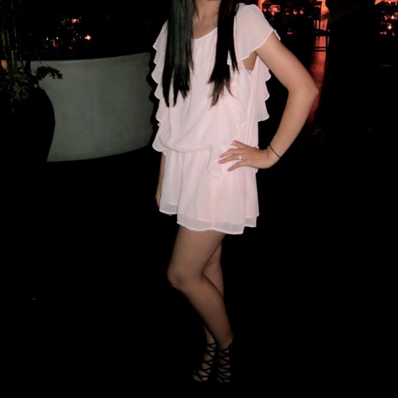 Peach Pink Mini Dress with Flutter Sleeve Detail - Picture 7 of 7